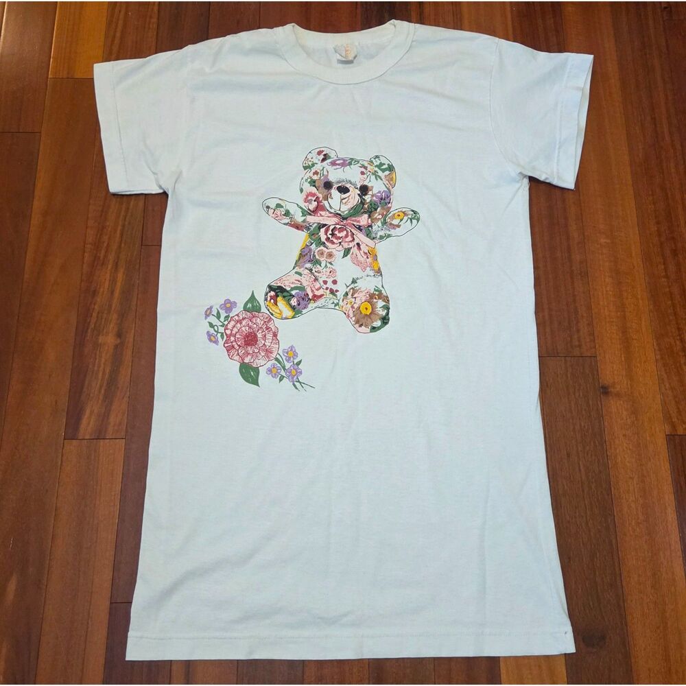 Vintage 90s White Pink Floral Teddy Bear Oversized T-shirt Dress Streetwear